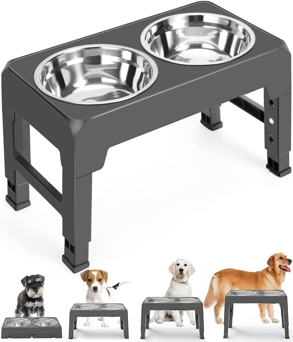 KUTKUT Elevated Dog Bowls 4 Adjustable Heights, Raised Dog Bowl for Large Medium Small Dogs and Pets, Dog Bowl Stand with 2 Stainless Steel Dog Food Bowls, 4 Heights 3.1", 8.6", 10.2", 11.8"-feeding essentials-kutkutstyle